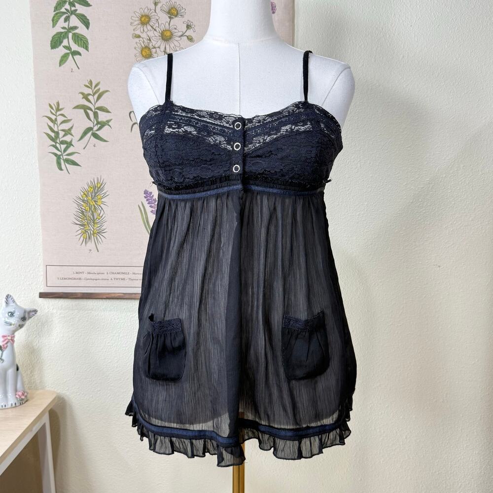 90s Y2k Lace Ruffle Babydoll Top Dark Coquette Fairy Dolly Whimsigoth Romantic M